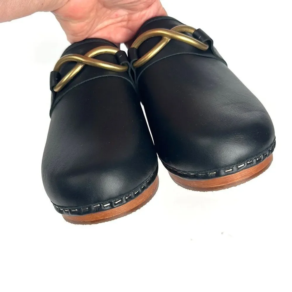 M. Gemi Black Leather Mules with Gold Accent - Picture 9 of 16